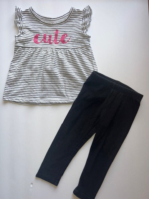 #78 girls 12month Okie Dokie black stripe flutter sleeve cute top and matching black leggings