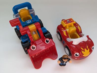 #17 2 Wow pull cars, and 1 figure (Fireball Frankie & Lift It Luke) EUC