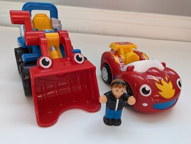 #17 2 Wow pull cars, and 1 figure (Fireball Frankie & Lift It Luke) EUC