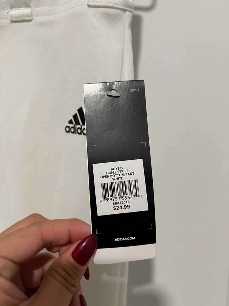 Seller #76 - Adidas Boys Triple Stripe Open Bottom Pant White Size Small Aeroready NWT $25