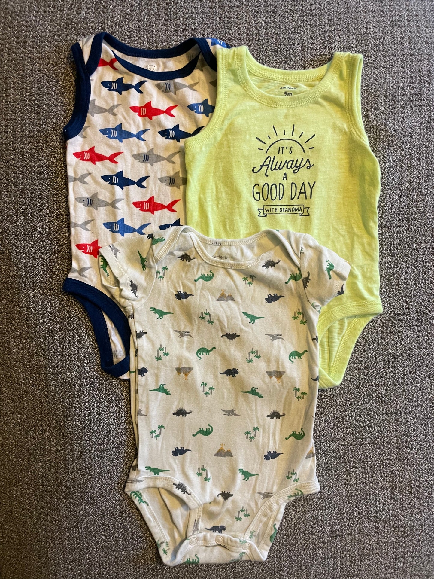 9 months mixed brand onesie bundle - 2 sleeveless, 1 short sleeve (Carter’s & Koala Baby)