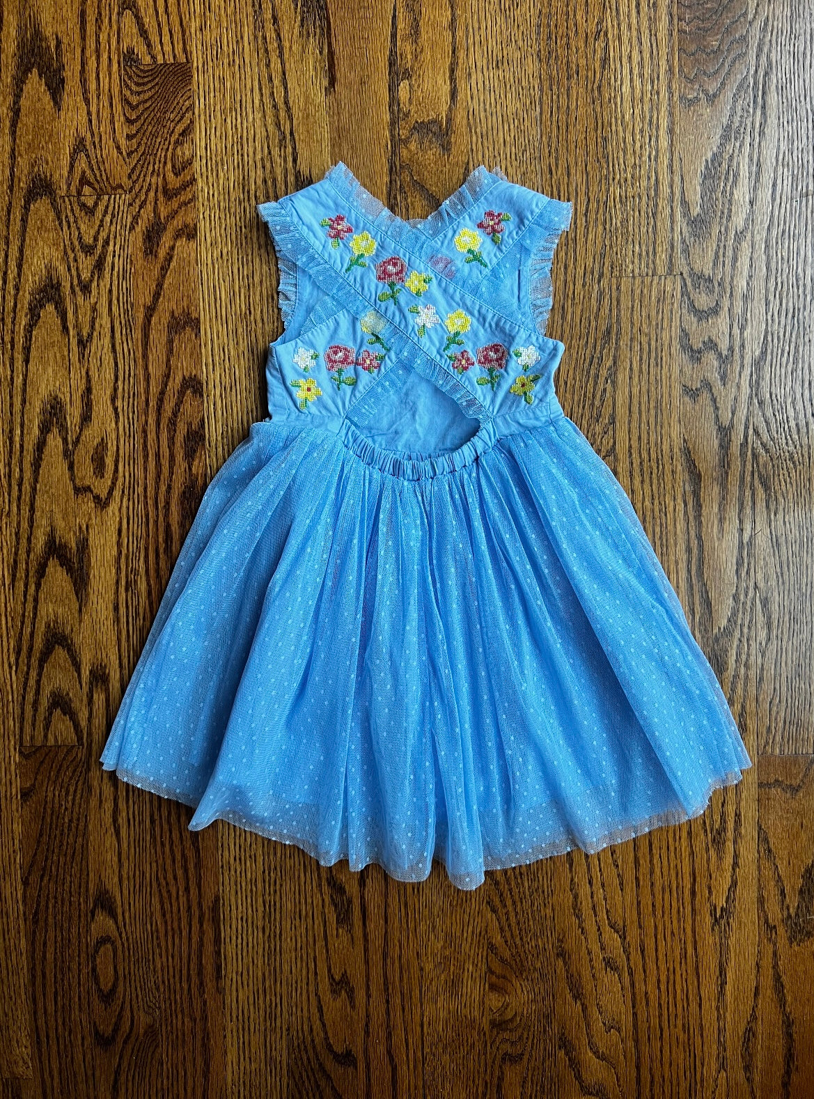 Seller #115 - REDUCED - Boden Girls 2-3Y Blue Tulle Crossback Dress with Floral Embroidery, VGUC