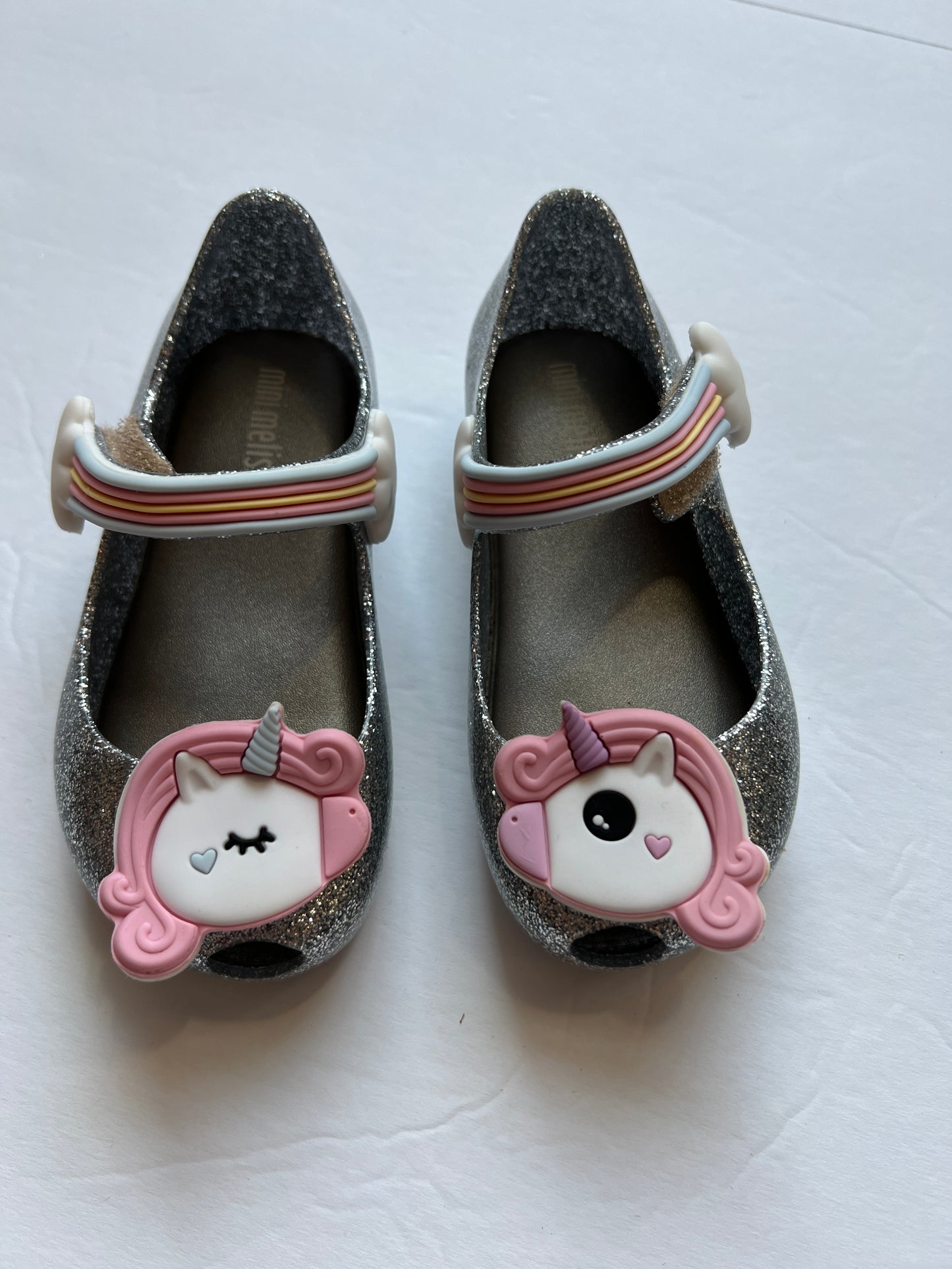 Toddler Girl Shoe Size 7 Mini Melissa Silver Unicorn and Rainbow Jelly Flats