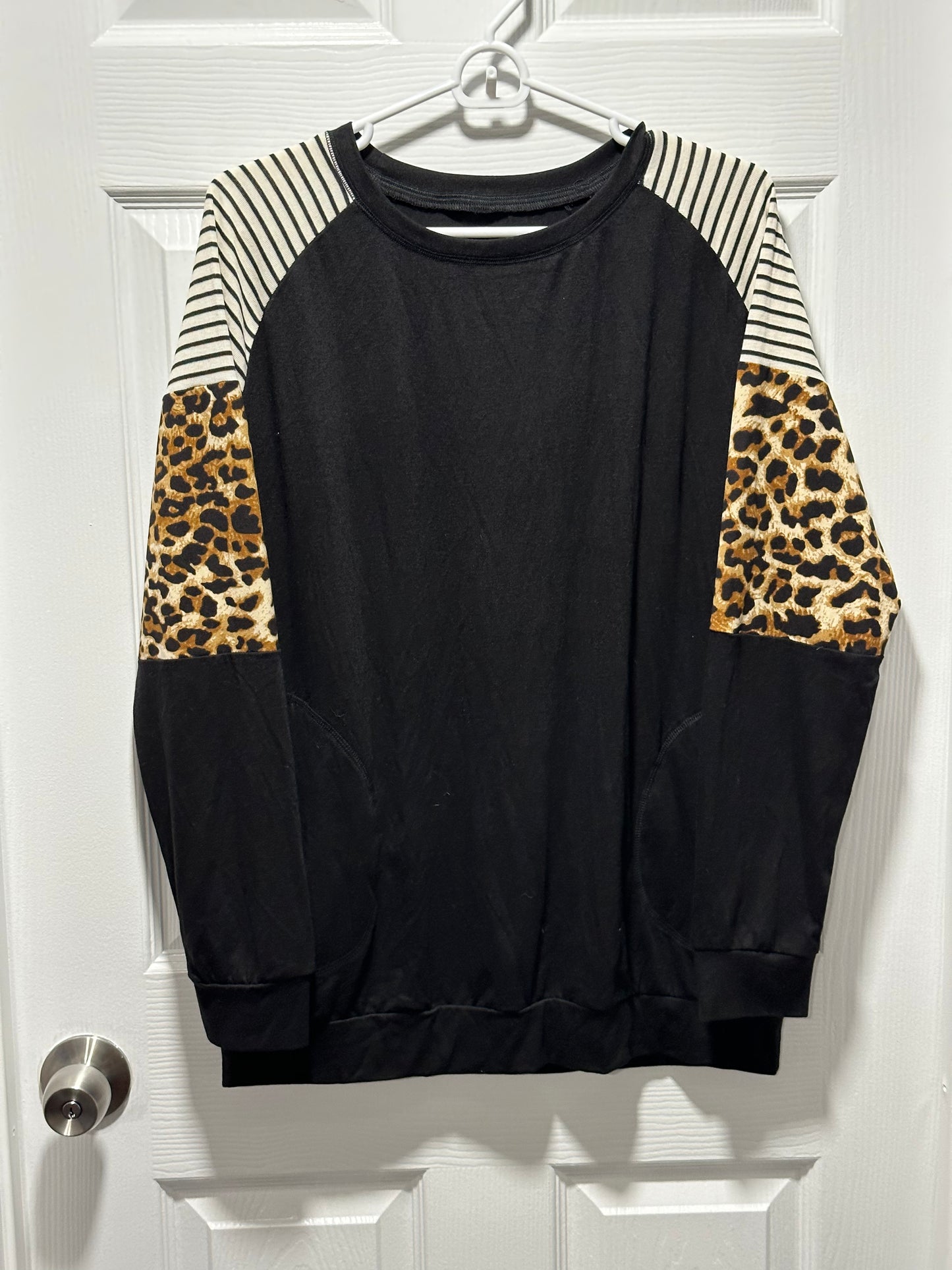 Black Sweater with Cheetah & Striped Arms & Pockets - Women’s M (unbranded) - NWOT