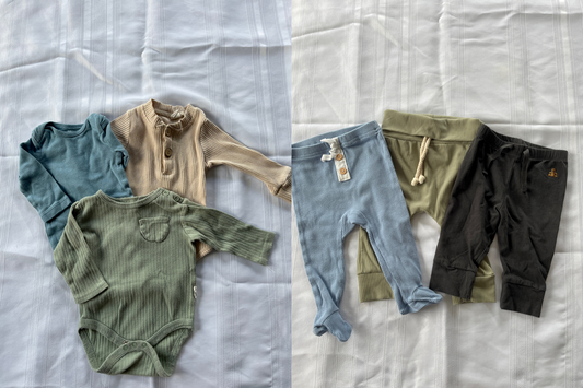 #29  3-6 mo  Boys long pants (one footed) and Long sleeve onesies set of 3 EUC
