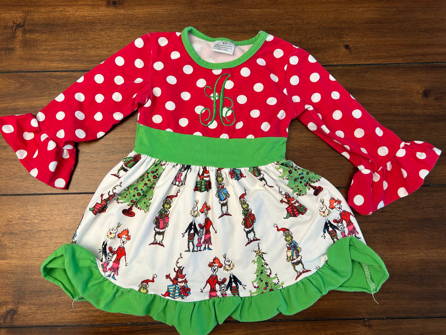 Seller #210 Girls Size 2 (XS) Red White & Green The Grinch Long Sleeve Dress with Green Embroidered "A"