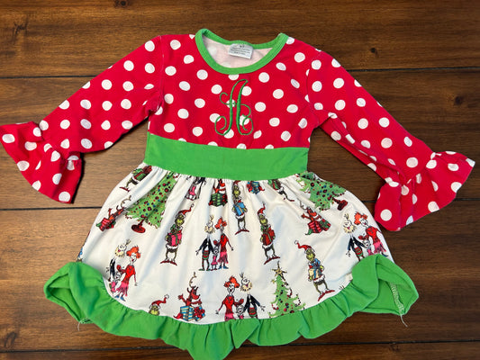 Seller #210 Girls Size 2 (XS) Red White & Green The Grinch Long Sleeve Dress with Green Embroidered "A"