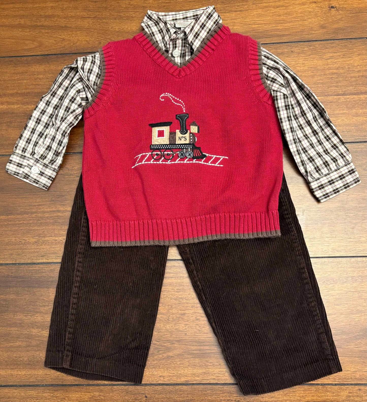 Seller #210 Small Treasures Boys Size 24M Dark Red Train Appliqué Sweater Vest, Dress Shirt & Dark Brown Corduroy Pants Outfit