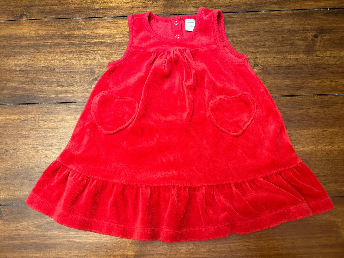 Seller #210 Baby Gap Girls  Size 12-18M Red Velour Jumper Dress with Heart Pockets