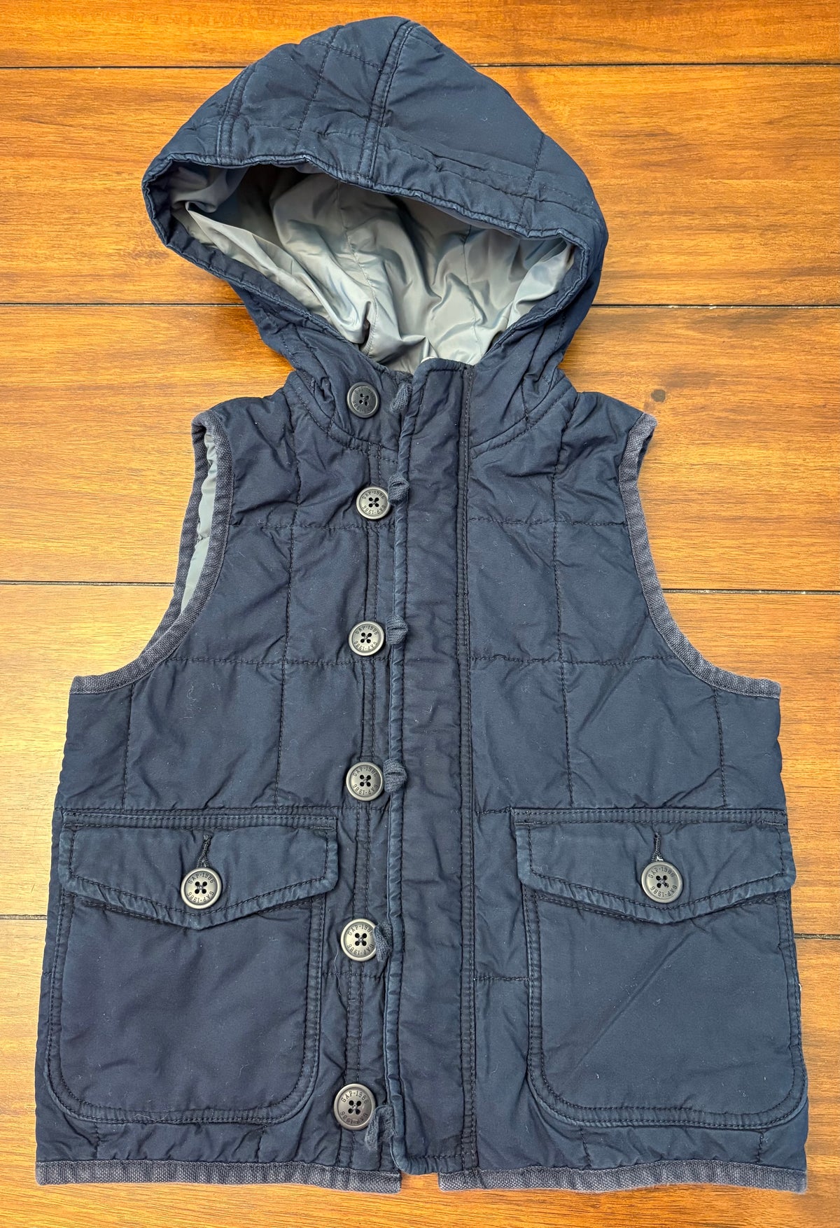 #197 Gap Boys Size 4 Navy Hooded Quilted Vest