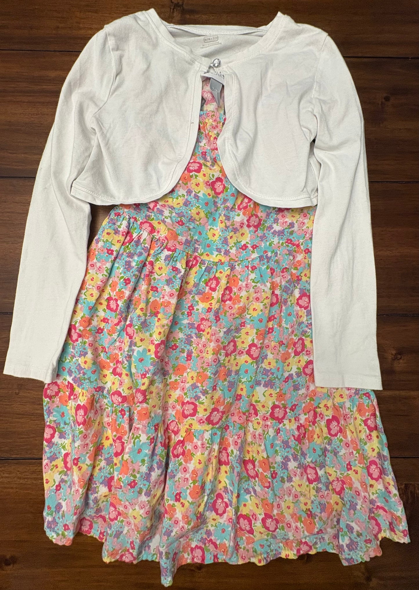 Seller #210 Children's Place Girls Size 7/8 White Shrug & Bright Flowered Rayon Dress