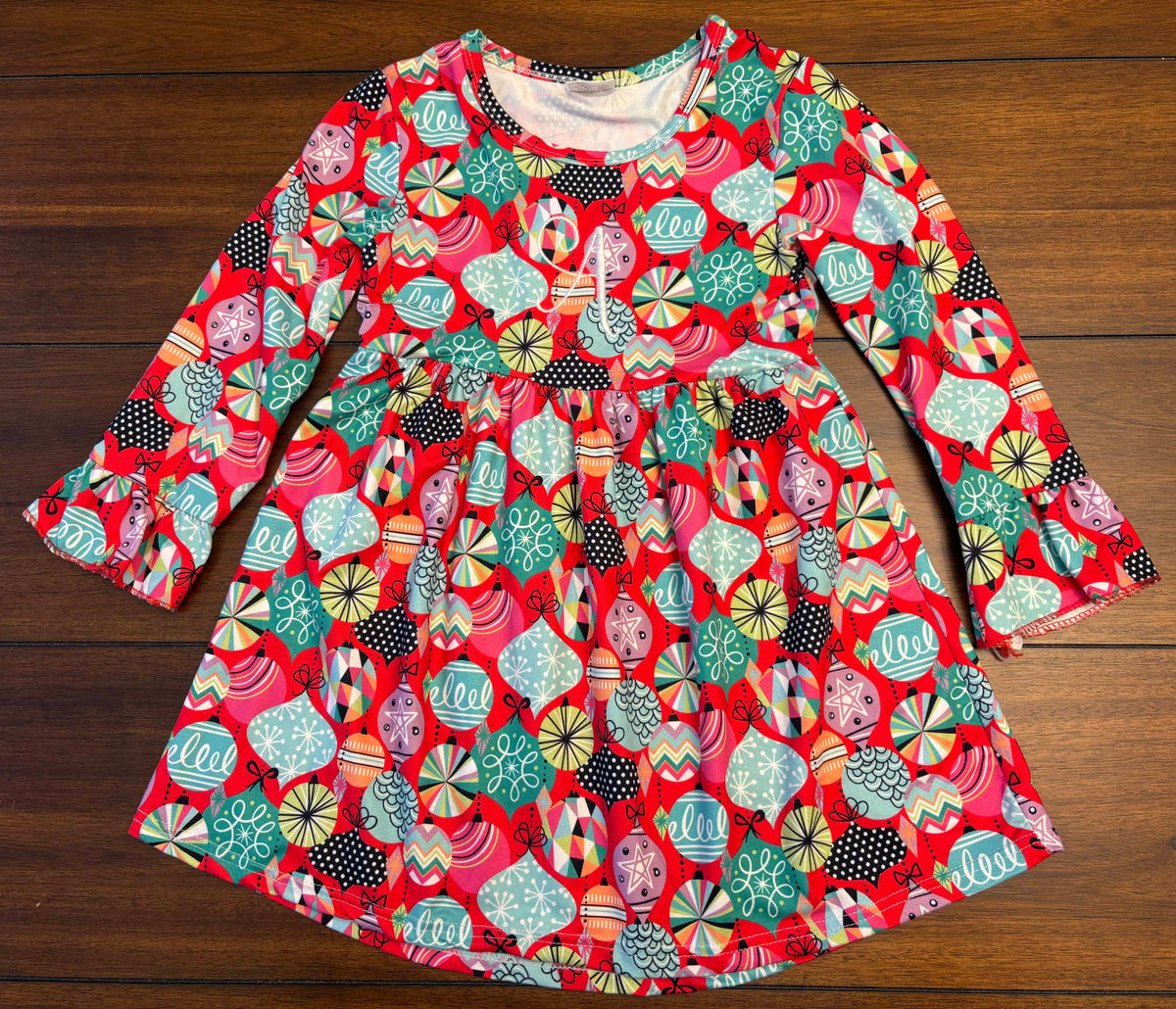 #197 Girls Size 4-5 Red with White Embroidered "A" Ornament Printed Rayon Dress