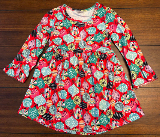 #197 Girls Size 4-5 Red with White Embroidered "A" Ornament Printed Rayon Dress