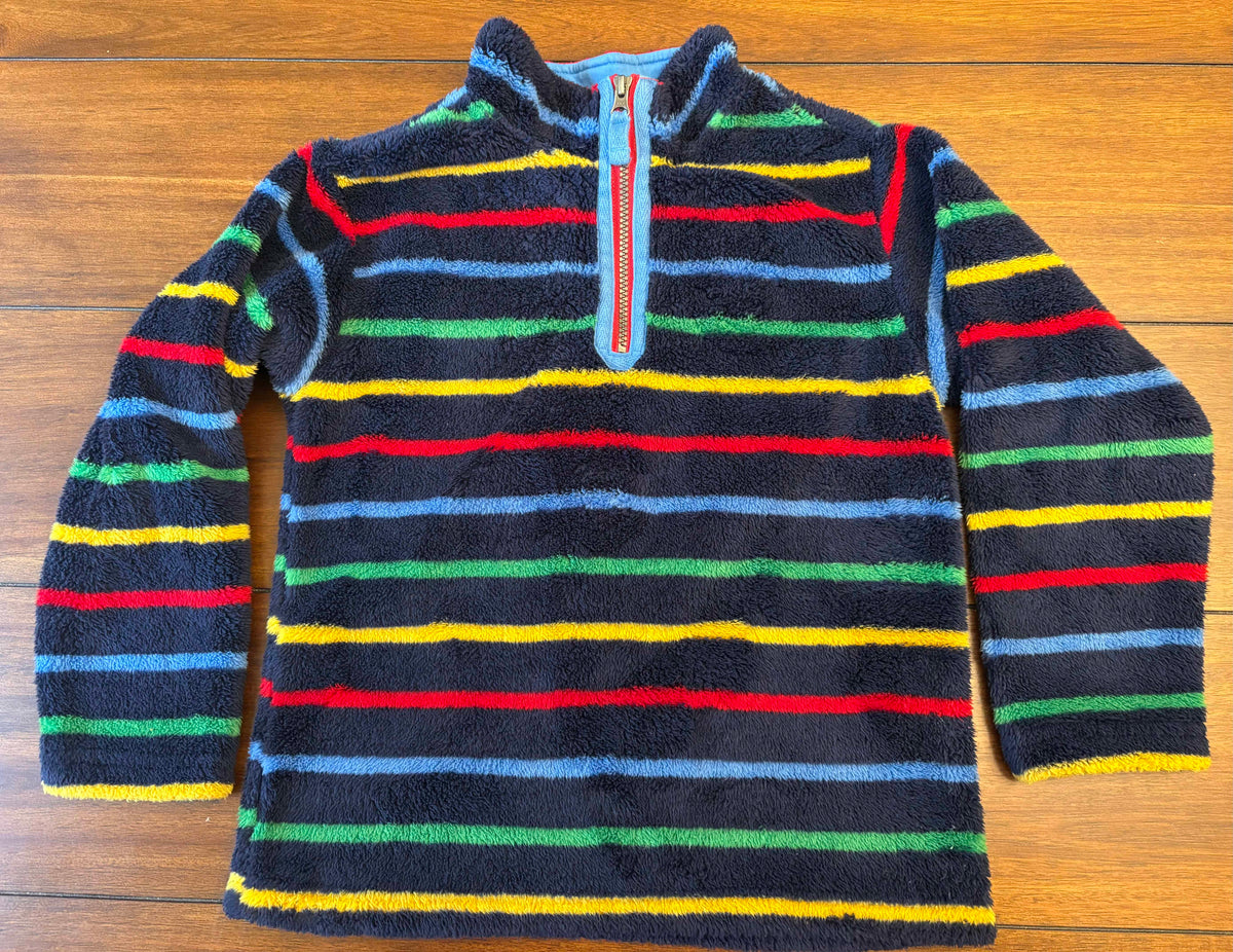 #197 Hanna Andersson Boys Size 8 (130) Navy with Bright Stripes Fleece Three Quarter Zip Pullover