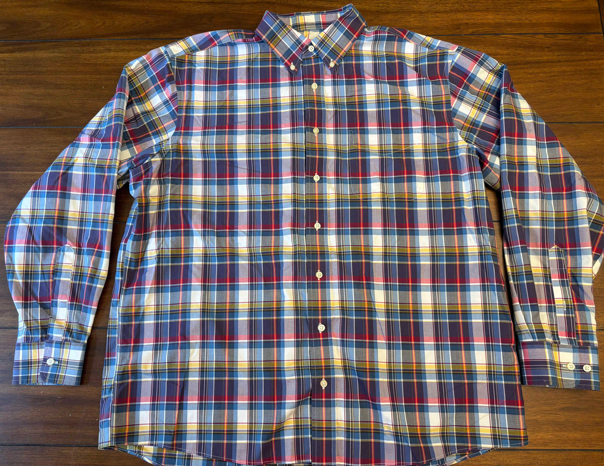 #197 Jos A Bank	Men's	Size XL Blue Maroon & Yellow Plaid Long Sleeve Button Down Dress Shirt