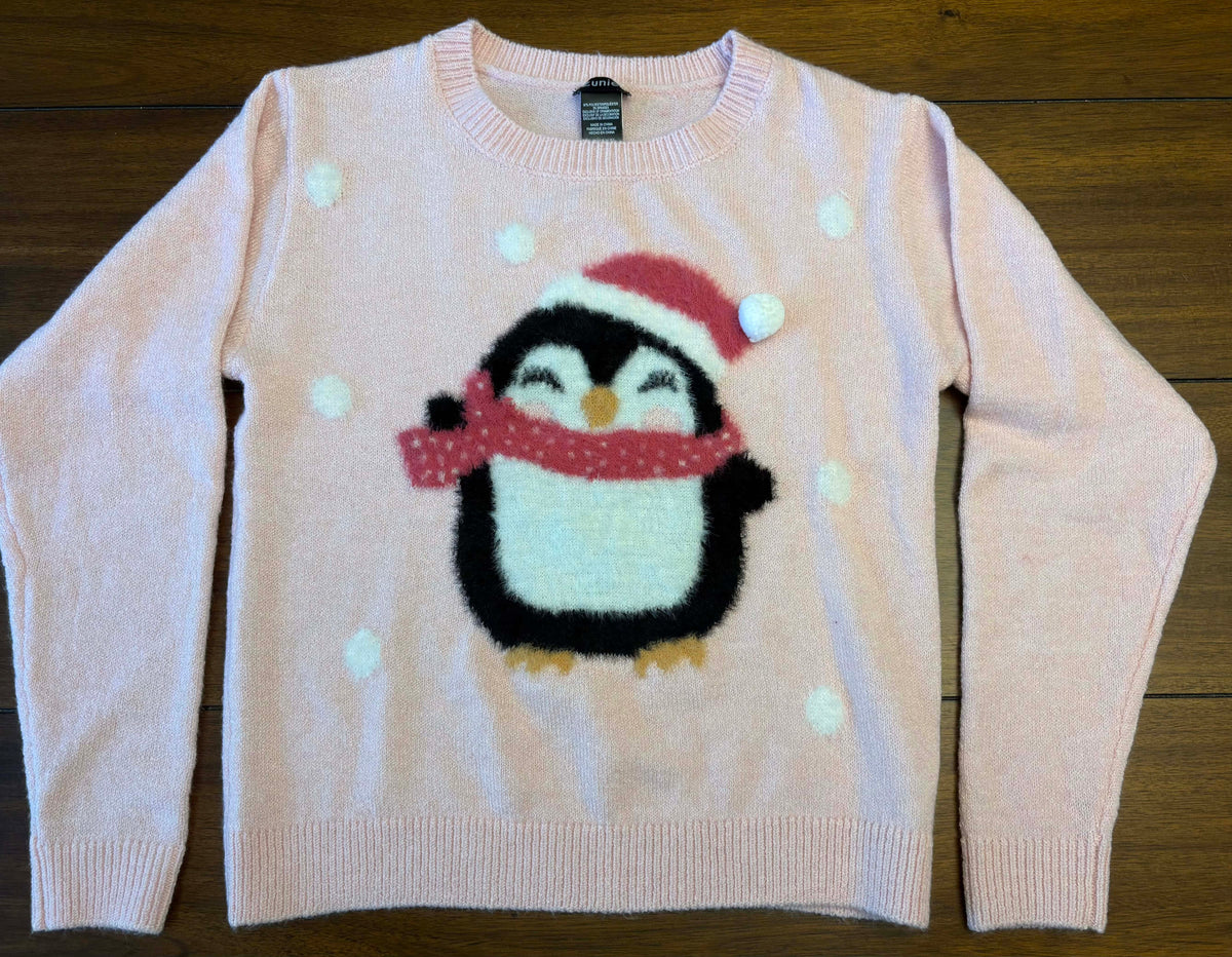 #197 Zunie Girls Size 10/12 (M) Light Pink Penguin Sweater