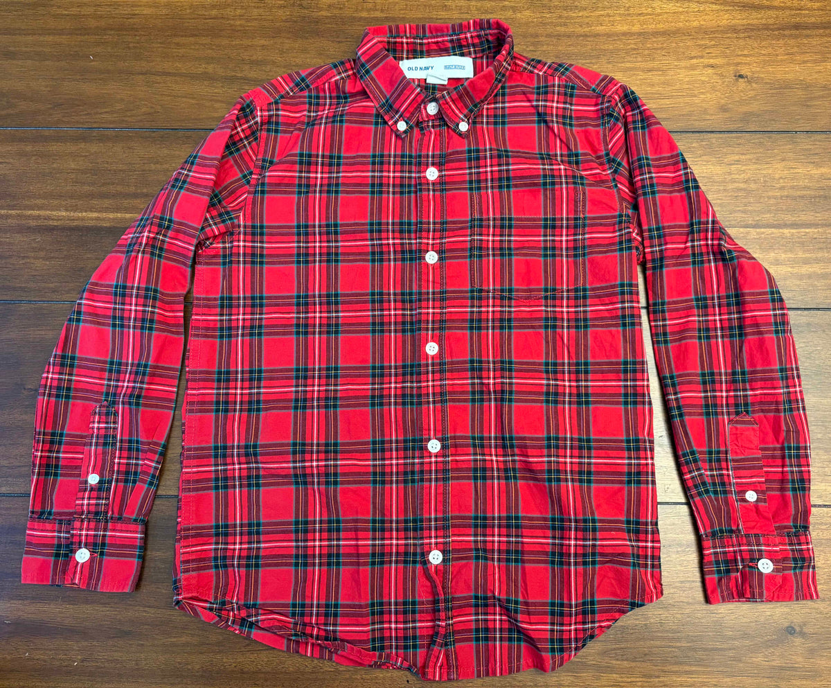 #197 Old Navy Boys Size 10-12 (L) Red Plaid Long Sleeve Button Down Dress Shirt