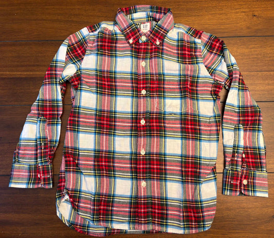 #197 Gap Boys Size 8 (M) Red Cream Green Plaid	Long Sleeve Button Down Flannel Shirt