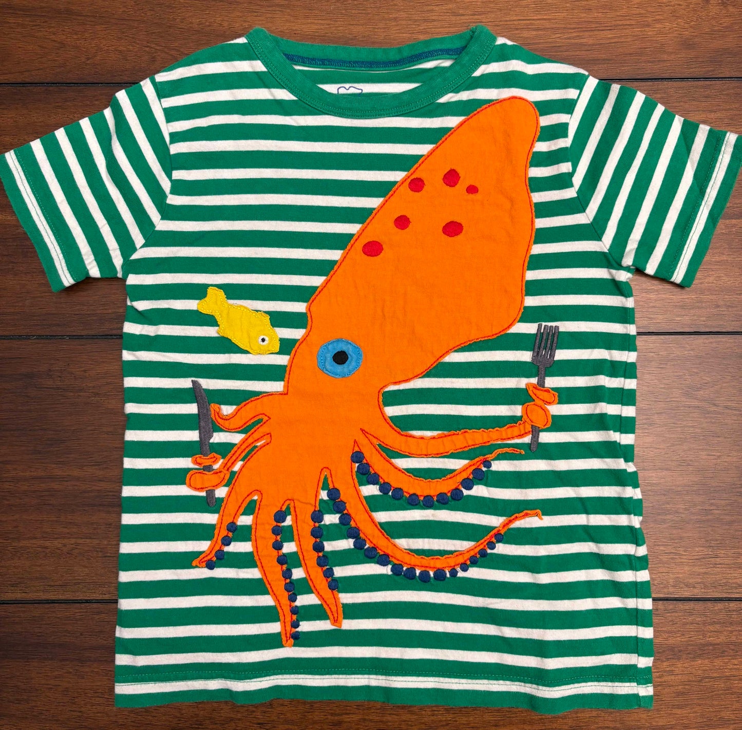 Seller #210 Mini Boden Boys Size 5-6 Green with White Striped Orange Squid Appliqué Shirt