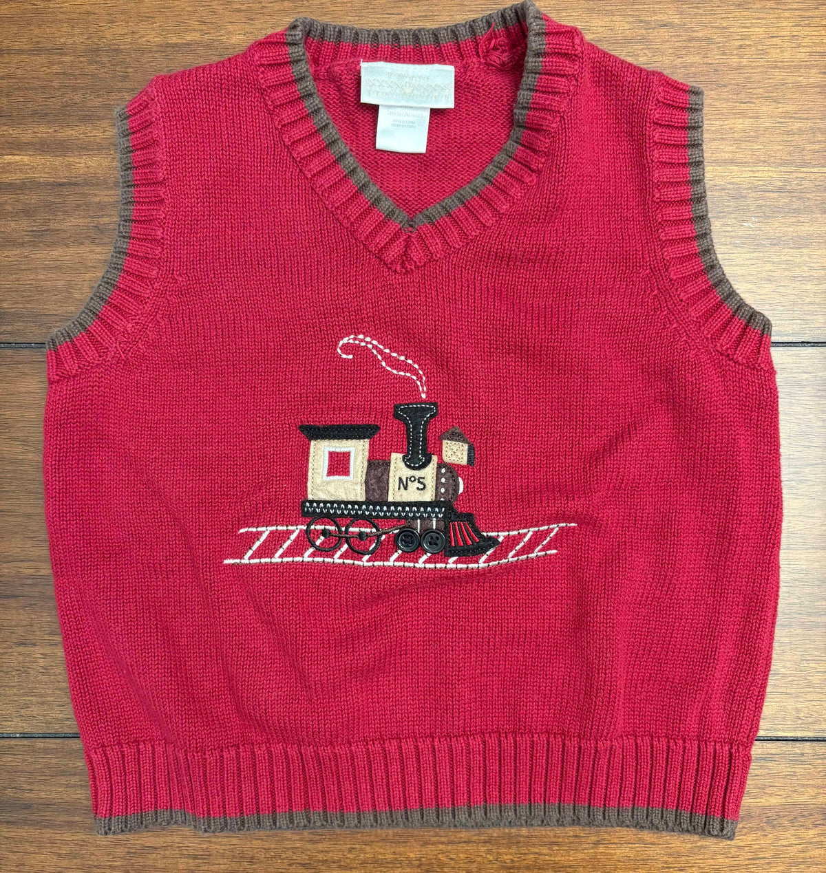 #197 Small Treasures Boys Size 24M	Dark RedTrain Appliqué Sweater Vest, Dress Shirt  & Dark Brown Corduroy Pants Outfit