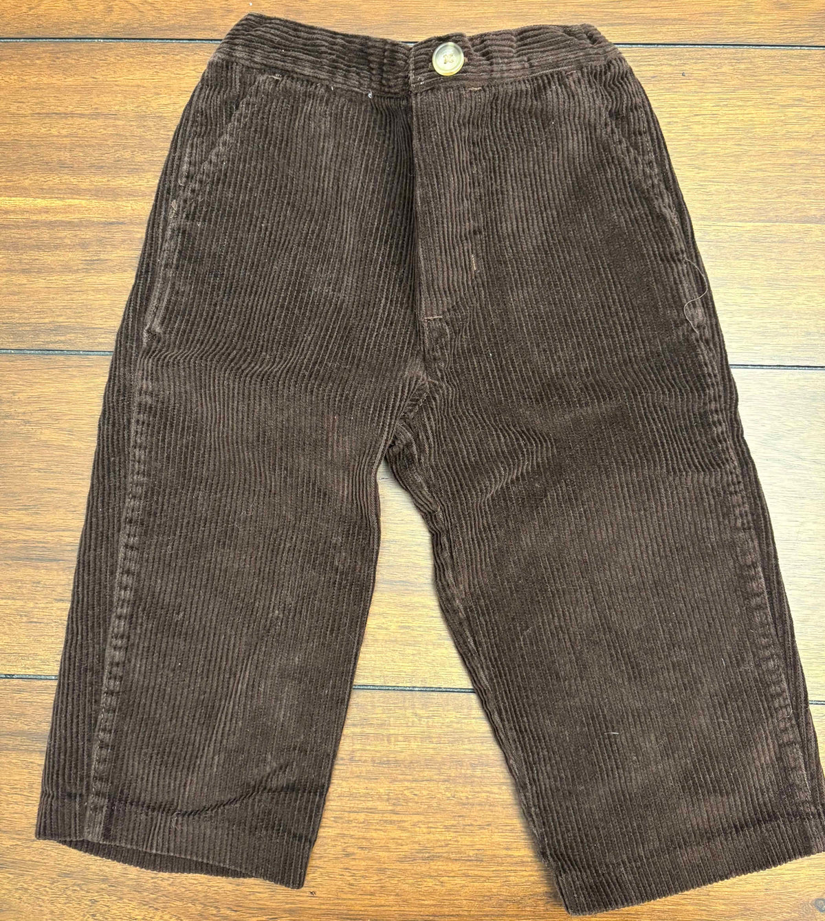 #197 Small Treasures Boys Size 24M	Dark RedTrain Appliqué Sweater Vest, Dress Shirt  & Dark Brown Corduroy Pants Outfit