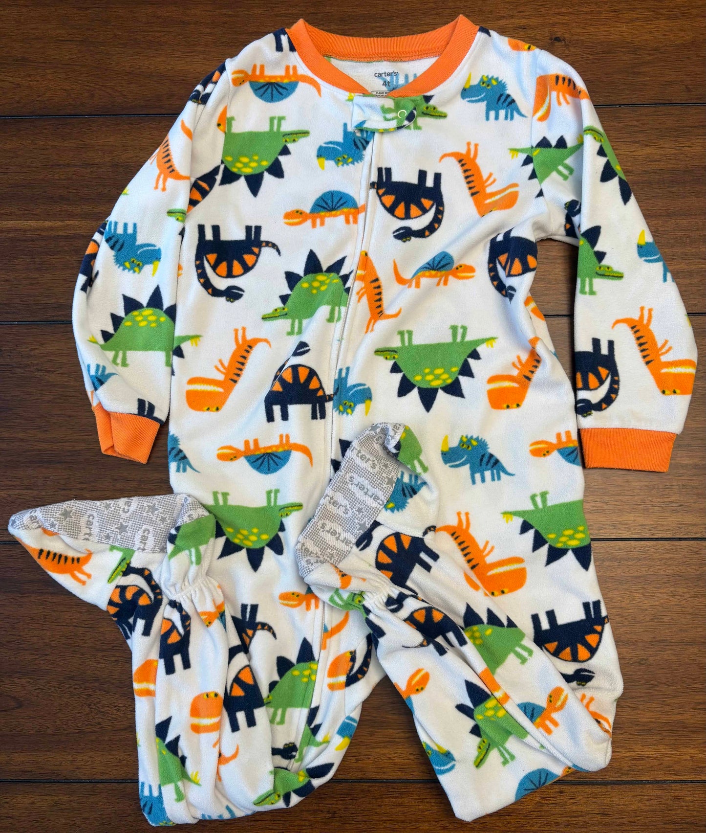 Seller #210 Carter's Boys Size 4T White Orange & Gray Printed Fleece Footed Zipper Sleeper Bundle