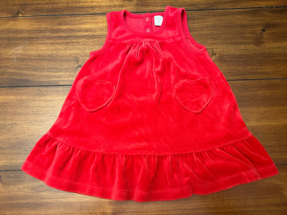 #197 Gap Girls Size 12-18M Red Velour Jumper Dress with Heart Pockets
