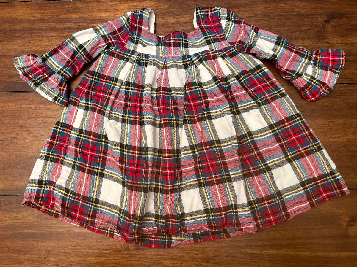#197 Gap Girls Size 12-18M Red Cream & Green Plaid Flannel Lined Long Sleeve Dress