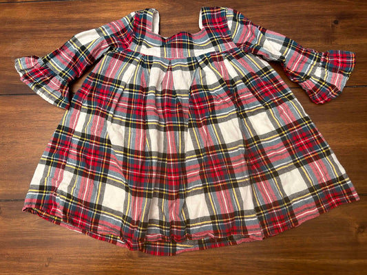#197 Gap Girls Size 12-18M Red Cream & Green Plaid Flannel Lined Long Sleeve Dress
