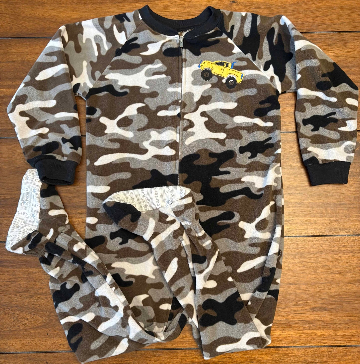 Seller #210 Carter's Boys Size 4T Gray & Brown Camo & Football Printed Fleece Footed Zipper Sleeper Bundle