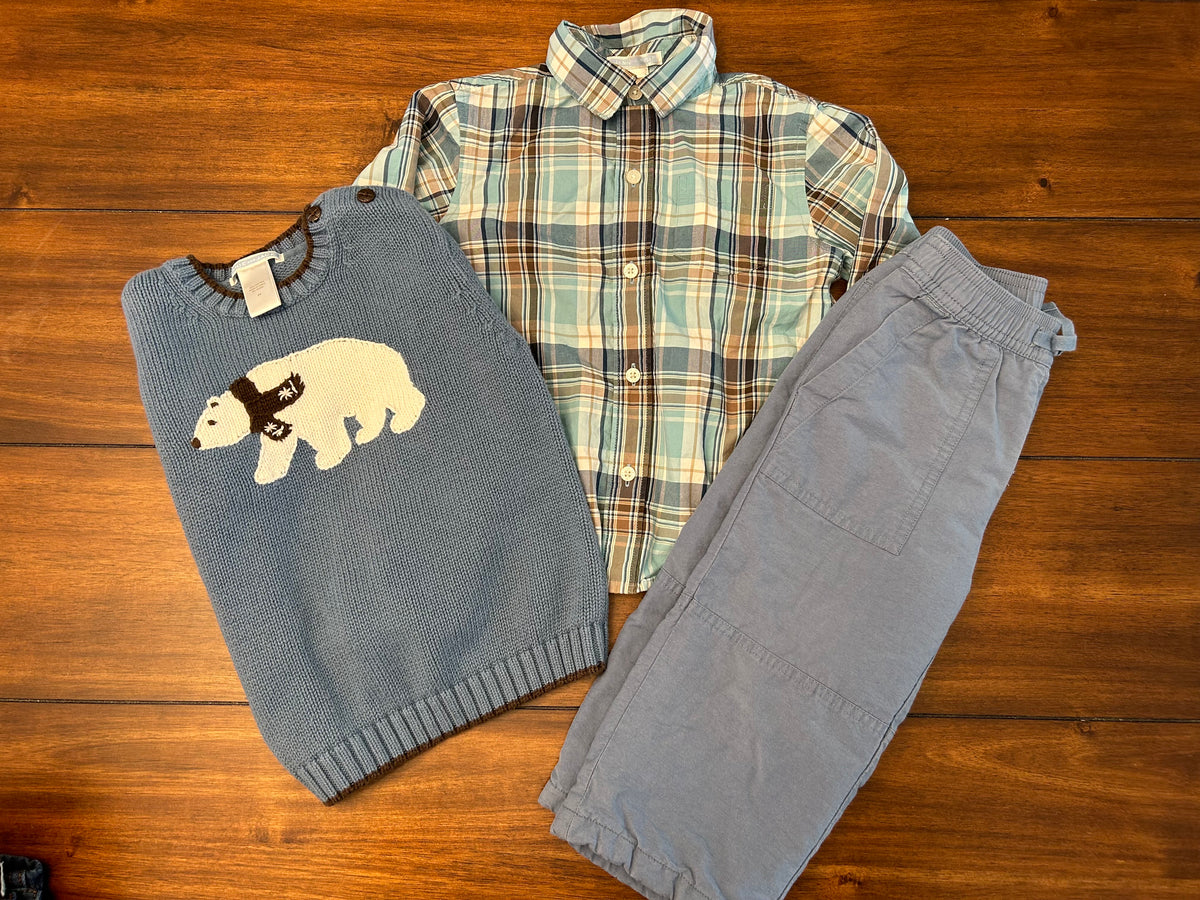 #197 Janie & Jack Boys Size 2T	Blue & White Polar Bear Sweater, Plaid Long Sleeve Button Down Dress Shirt and Lined Pants Set