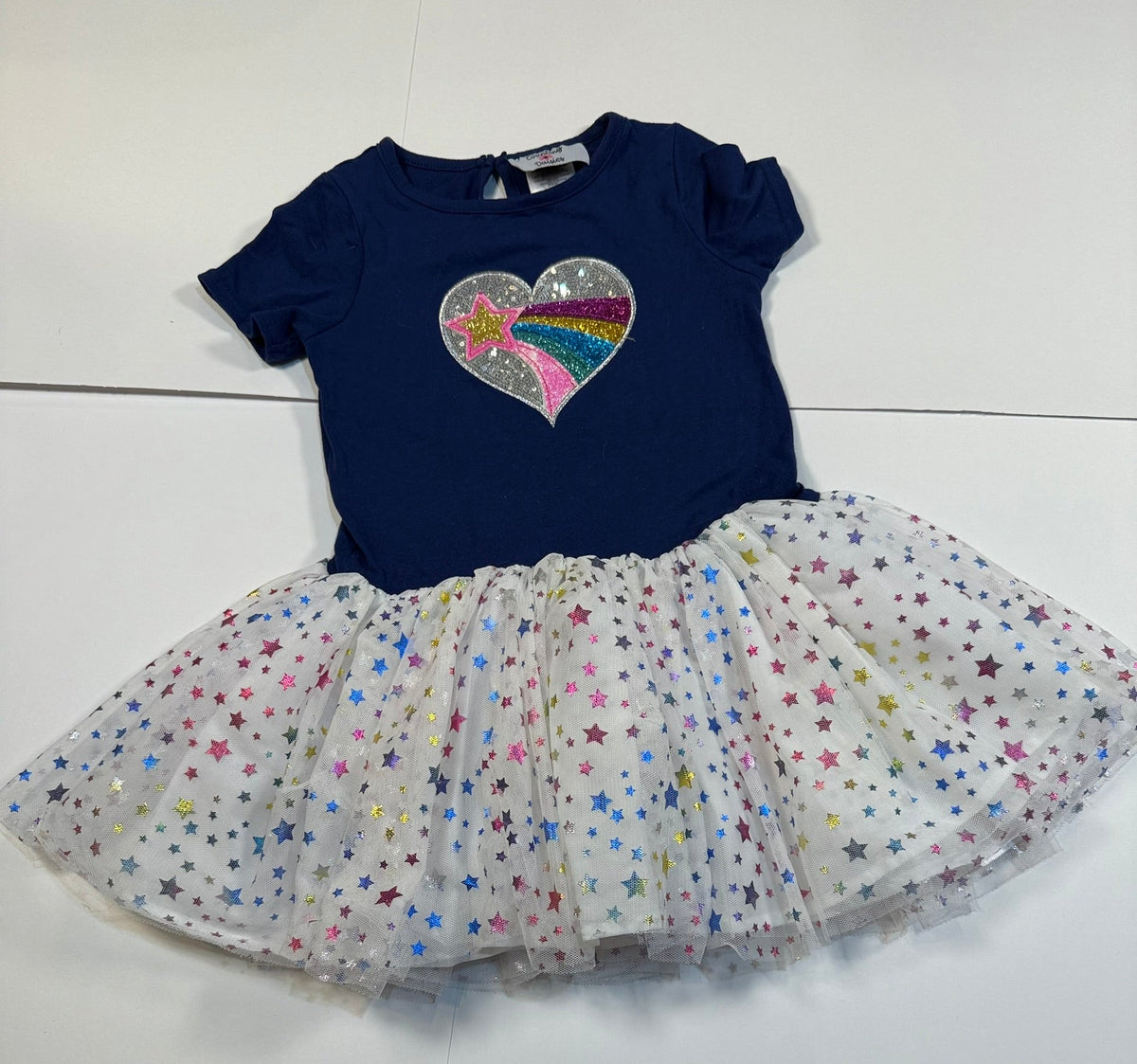 #141 Girls 5 Counting Daisy Rainbow Tulle Set with Navy and White Striped Pants