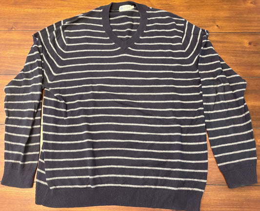 #197 J Crew Men's Size XL Navy with Gray Stripes V-Neck Sweater