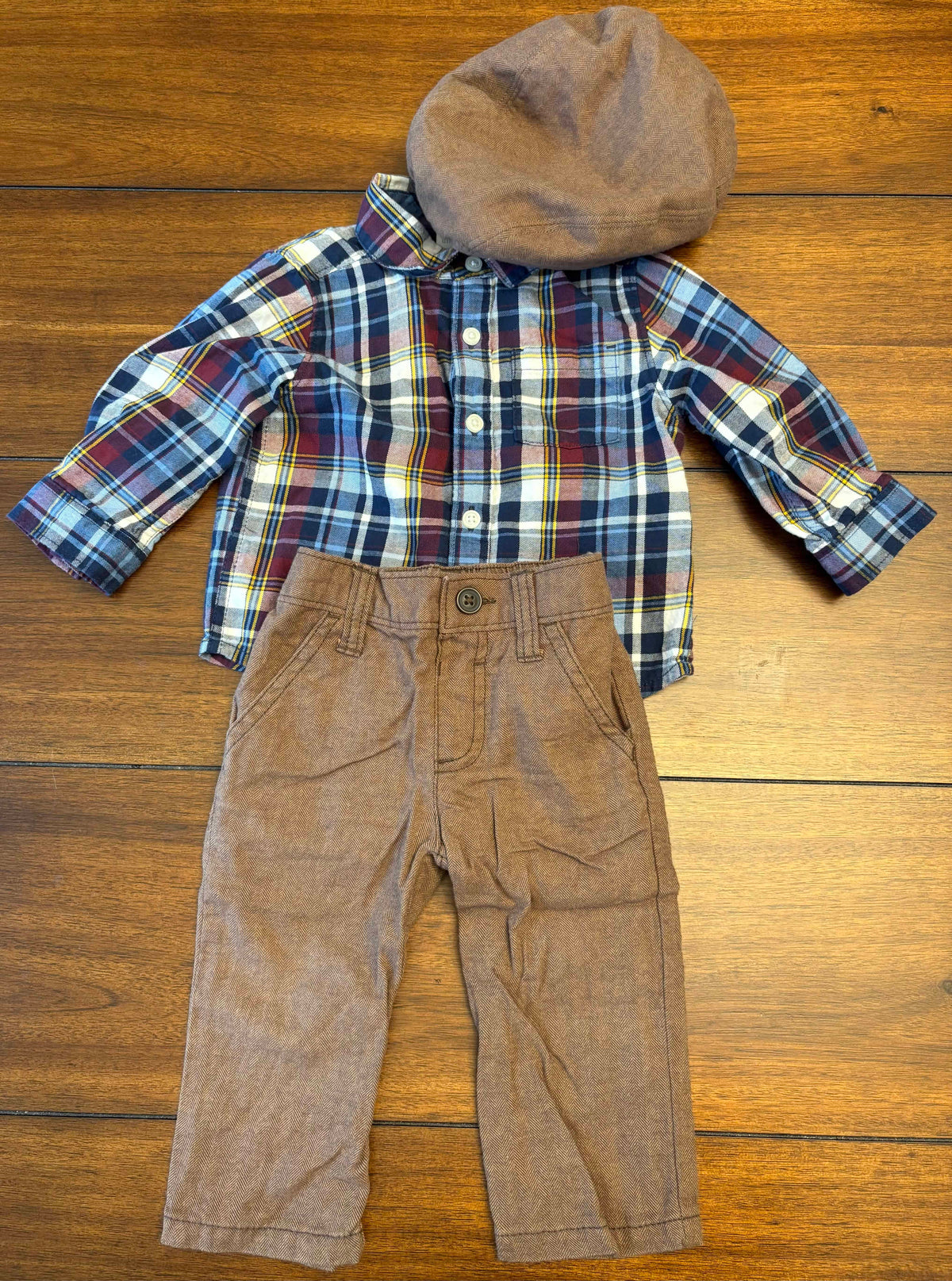 #197 Gymboree Boys Size 6-12M Navy White & Maroon Plaid Button Down Shirt with Brown Dress Pants & Newsboy Hat