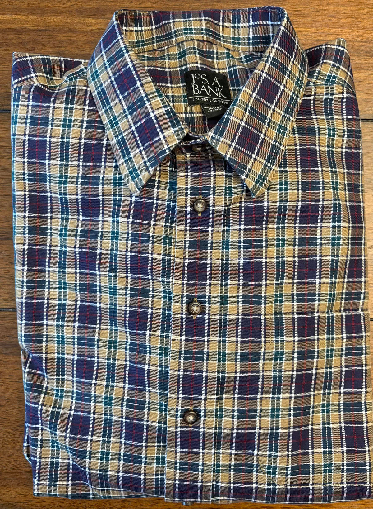 #197 Jos A Bank Men's	Size XL	Brown Green & Navy Plaid Long Sleeve Button Down Dress Shirt