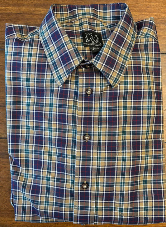 #197 Jos A Bank Men's	Size XL	Brown Green & Navy Plaid Long Sleeve Button Down Dress Shirt