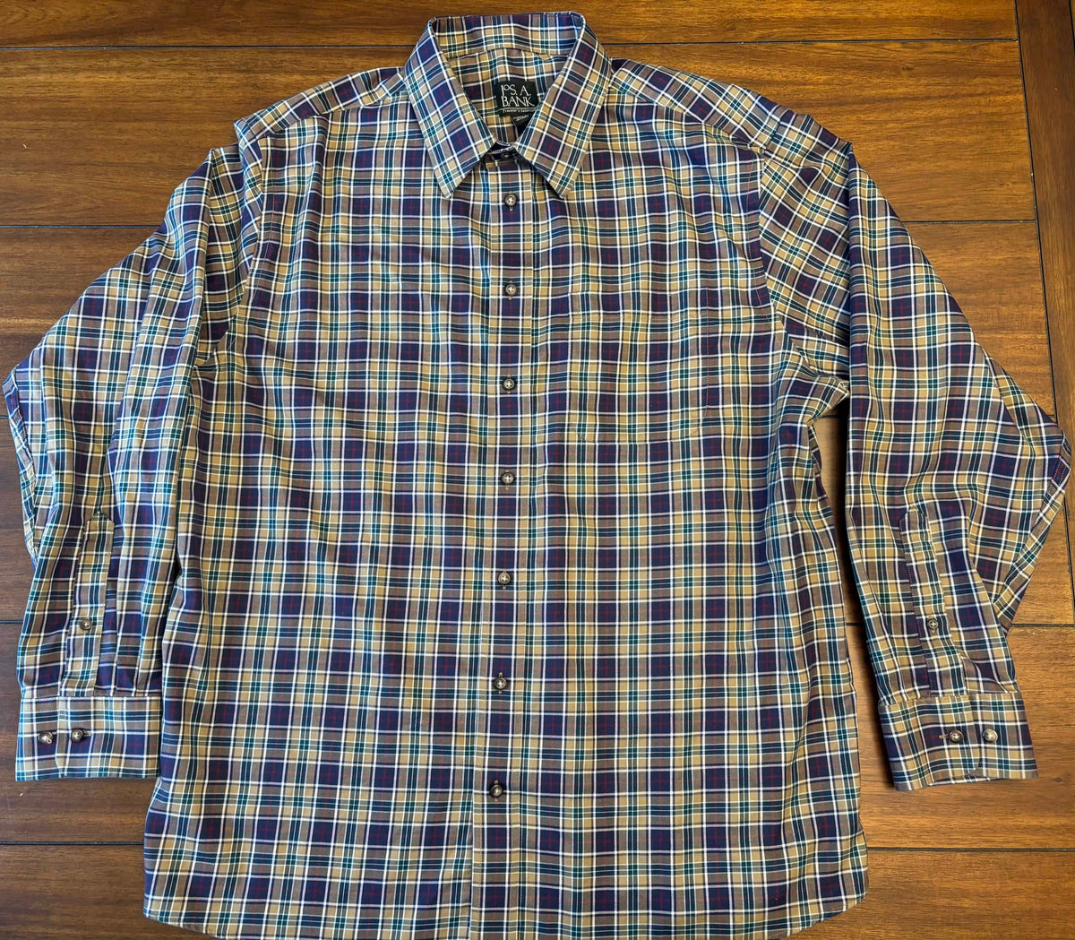 #197 Jos A Bank Men's	Size XL	Brown Green & Navy Plaid Long Sleeve Button Down Dress Shirt
