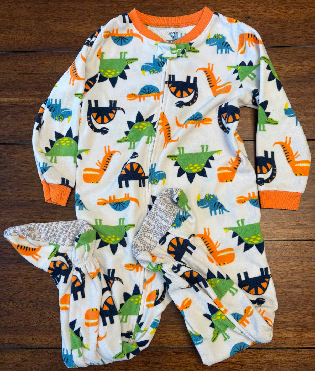 #197 Carter's Boys Size 4T White Orange & Gray Printed Fleece Footed Zipper Sleeper Bundle