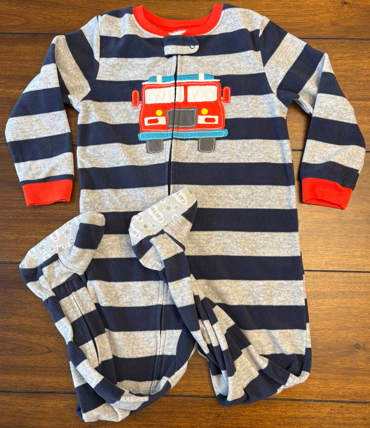 #197 Carter's Boys Size 4T White Orange & Gray Printed Fleece Footed Zipper Sleeper Bundle