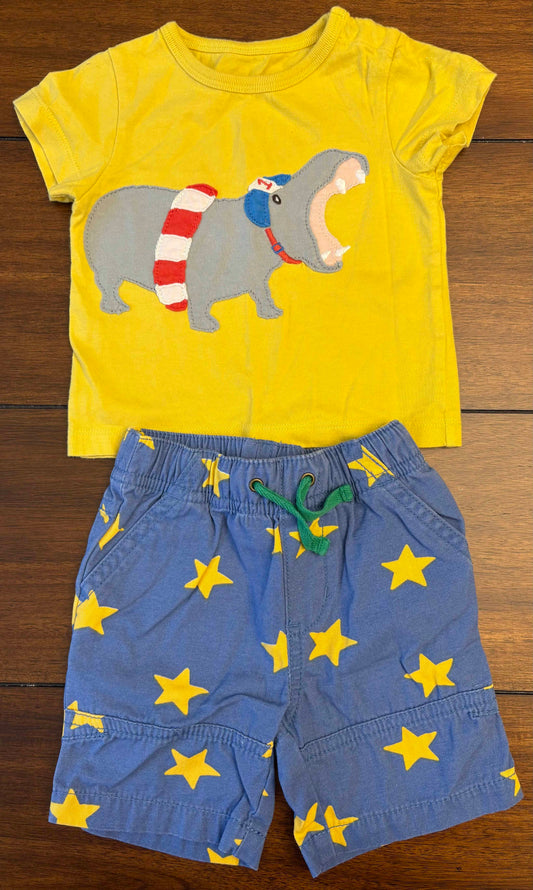 REDUCED Seller #210 Baby Boden Boys Size 3-6M Yellow Hippo Appliqué Shirt & Blue with Yellow Stars Printed Twill Shorts Outfit