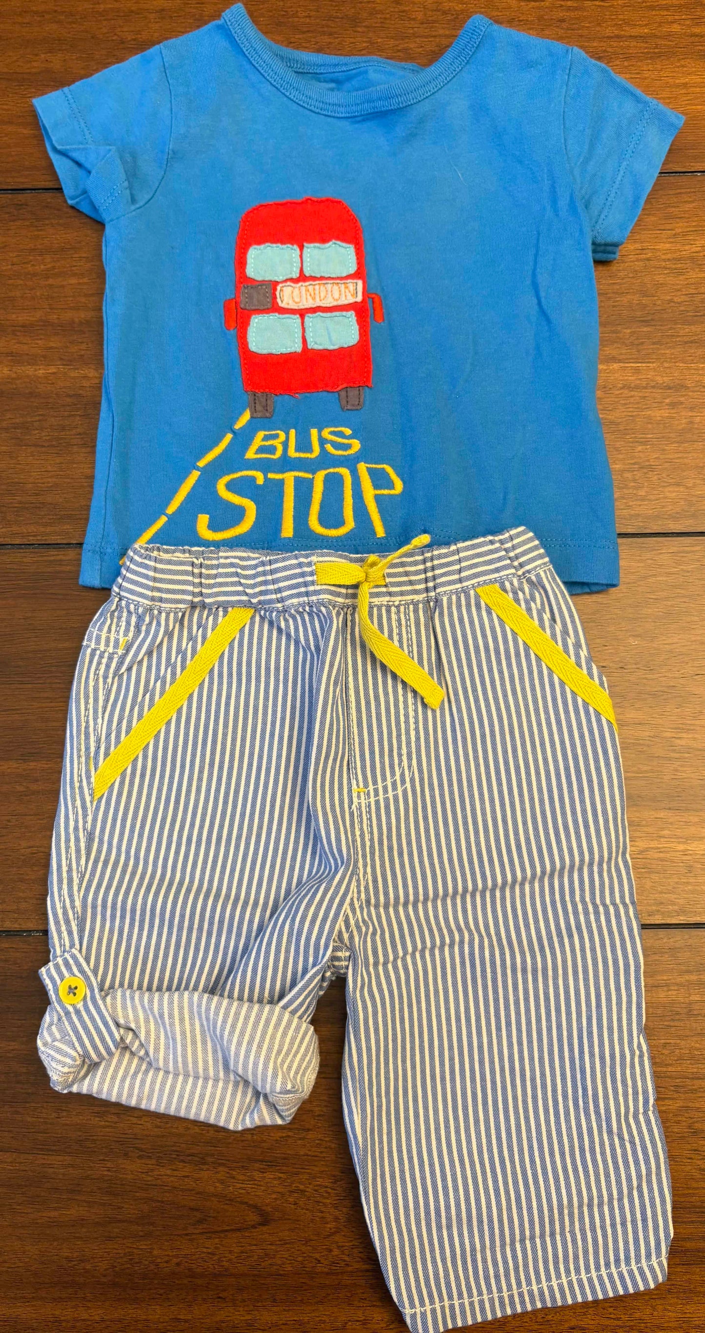 REDUCED Seller #210 Baby Boden Boys Size 3-6M Blue London Bus Appliqué Shirt & Blue & White Striped Denim Convertible Pants Outfit