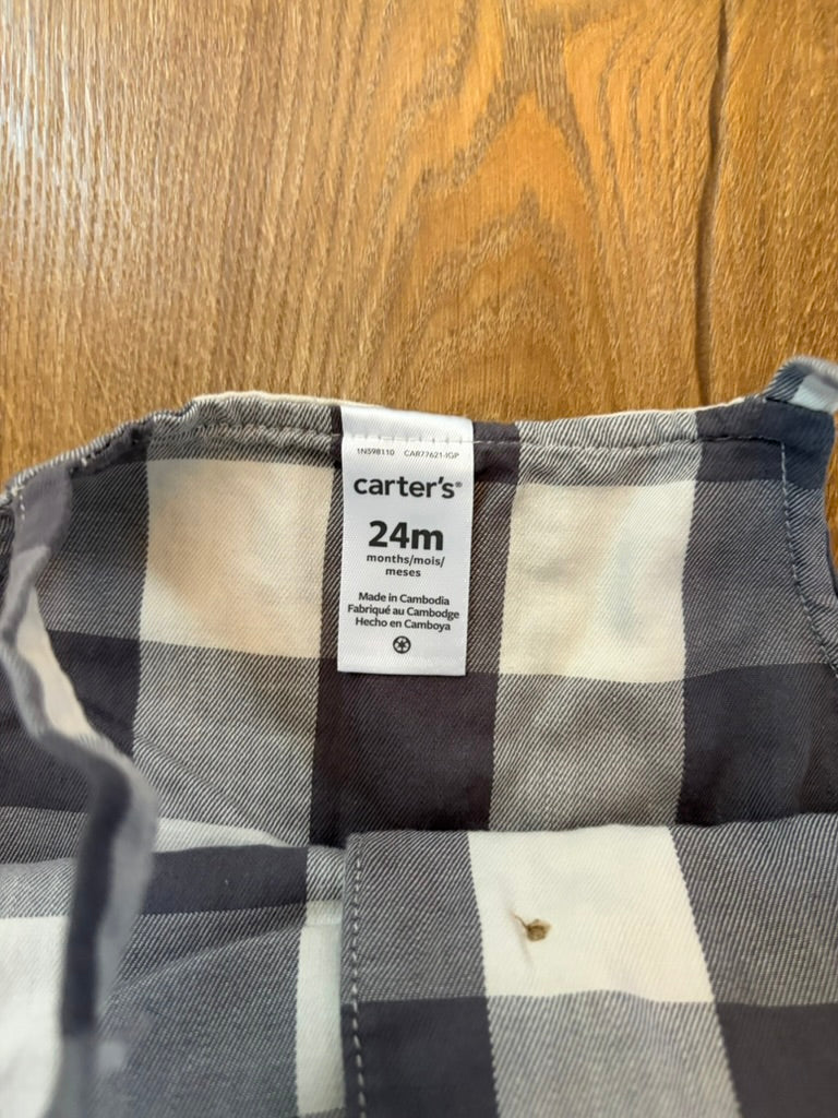#6 - Carters Grey Buffalo Plaid Girls Romper/Jumper with Ruffles - 24 months
