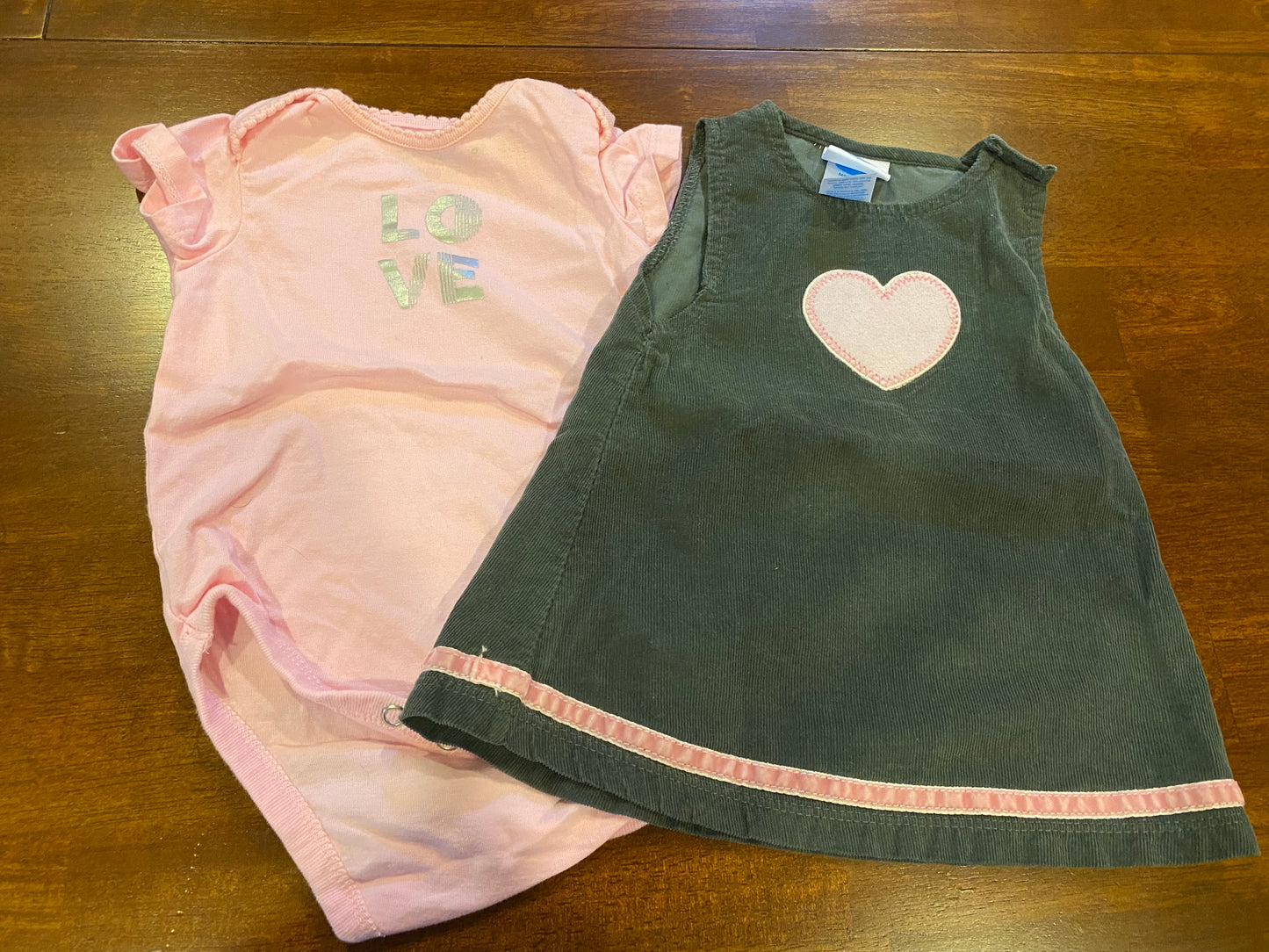 77A Girl's 3-6mo Grey Heart Corduroy Jumper & Pink Heart Undershirt