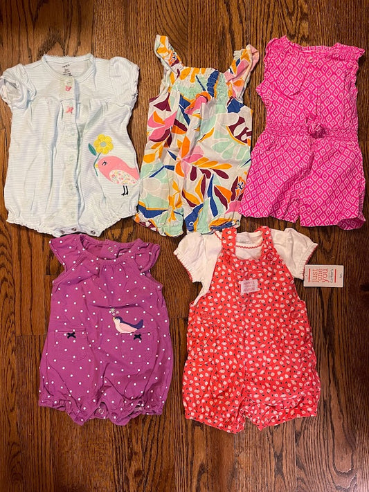 Carters/Just One You baby girl size 3m romper bundle. Pink, purple, multi, overalls (5 total)