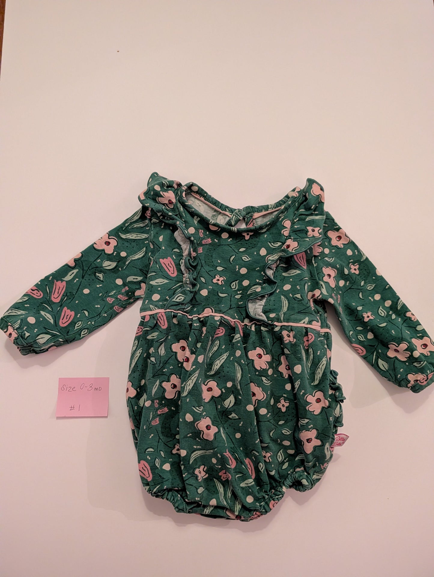 Seller 97, Ruffle Butts Green Floral Bubble Baby Girl, Size 0-3mo (Item 1)