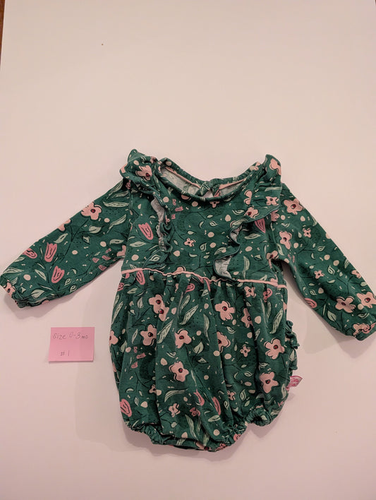 Seller 97, Ruffle Butts Green Floral Bubble Baby Girl, Size 0-3mo (Item 1)