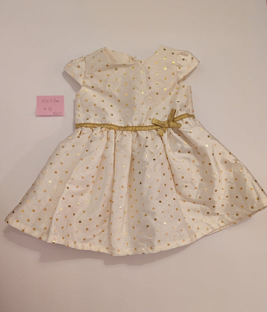 Seller 97, Cream w/Gold Polka Dots Dress, Baby girl, size 0-3mo, NWOT (item 18)