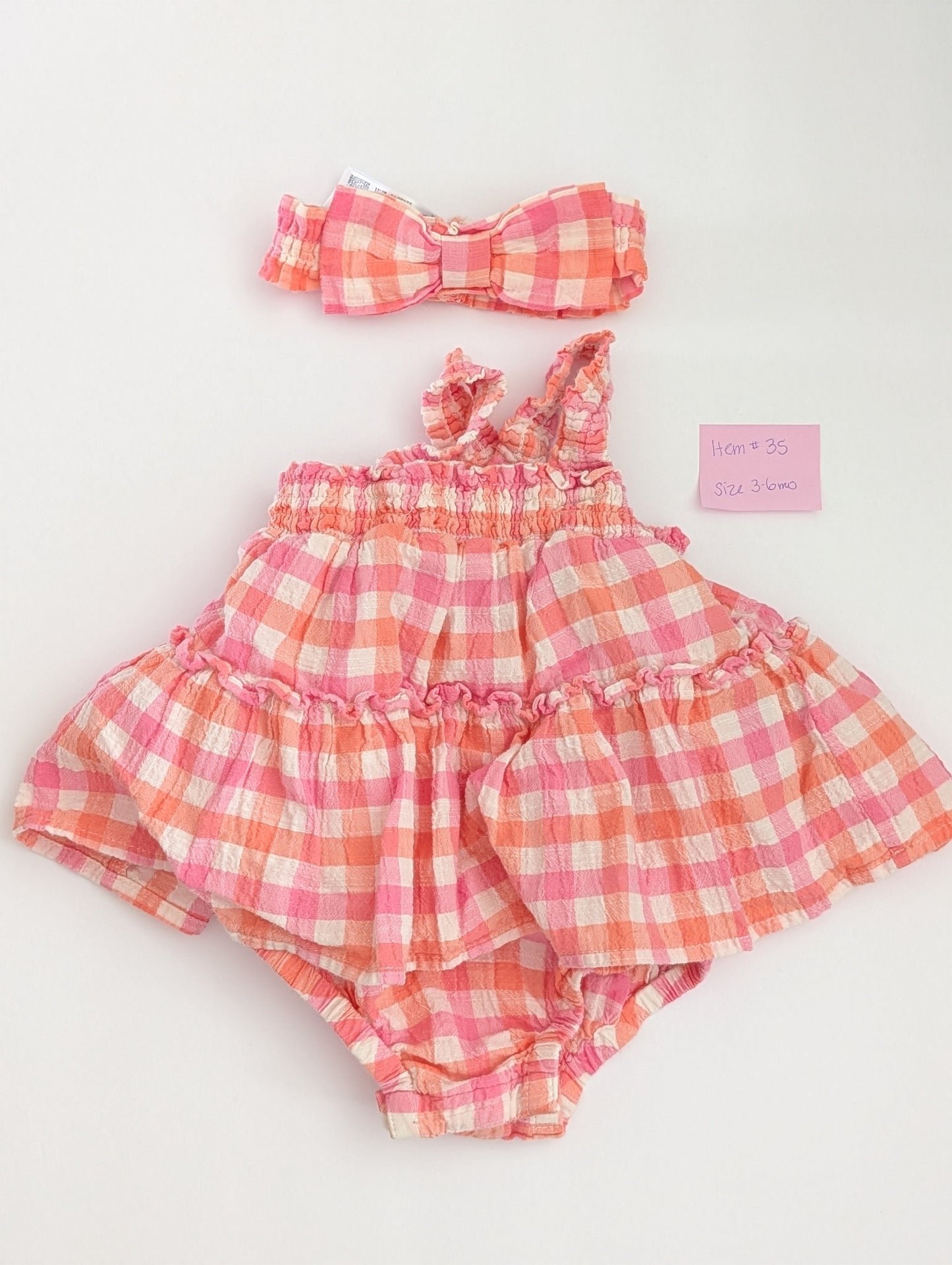 Seller 97, Pink & Orange Plaid Skirted Onesie w/Headband, size 3-6mo (item 35)