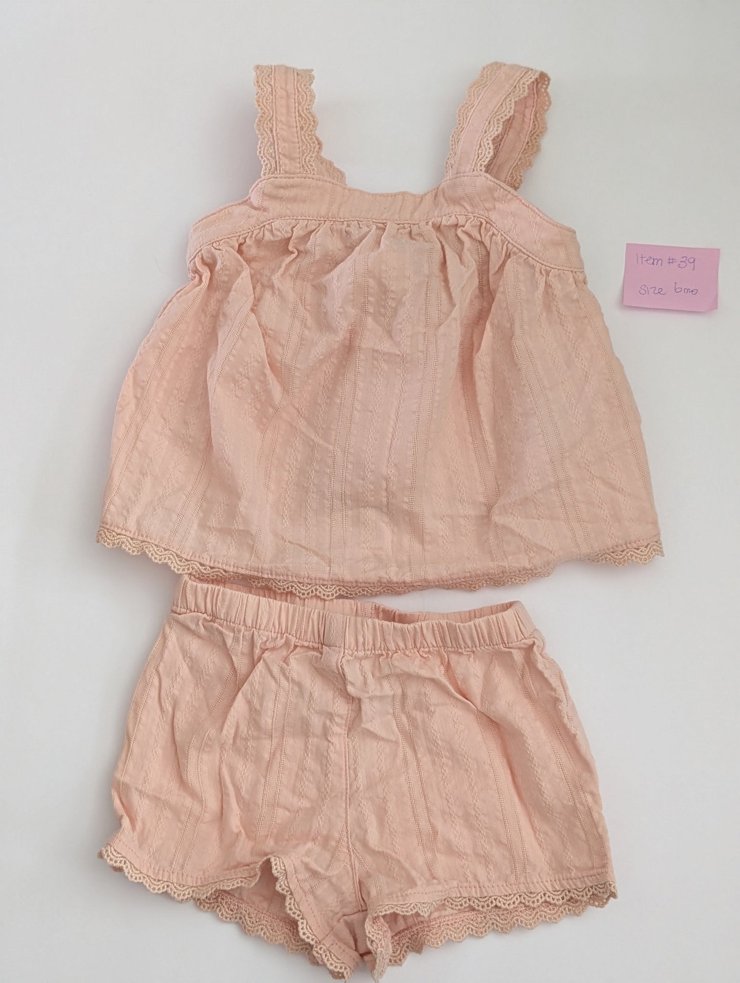 Seller 97, Pale Pink Lace Trimmed Tank Top Set, Size 6mo (item 39)