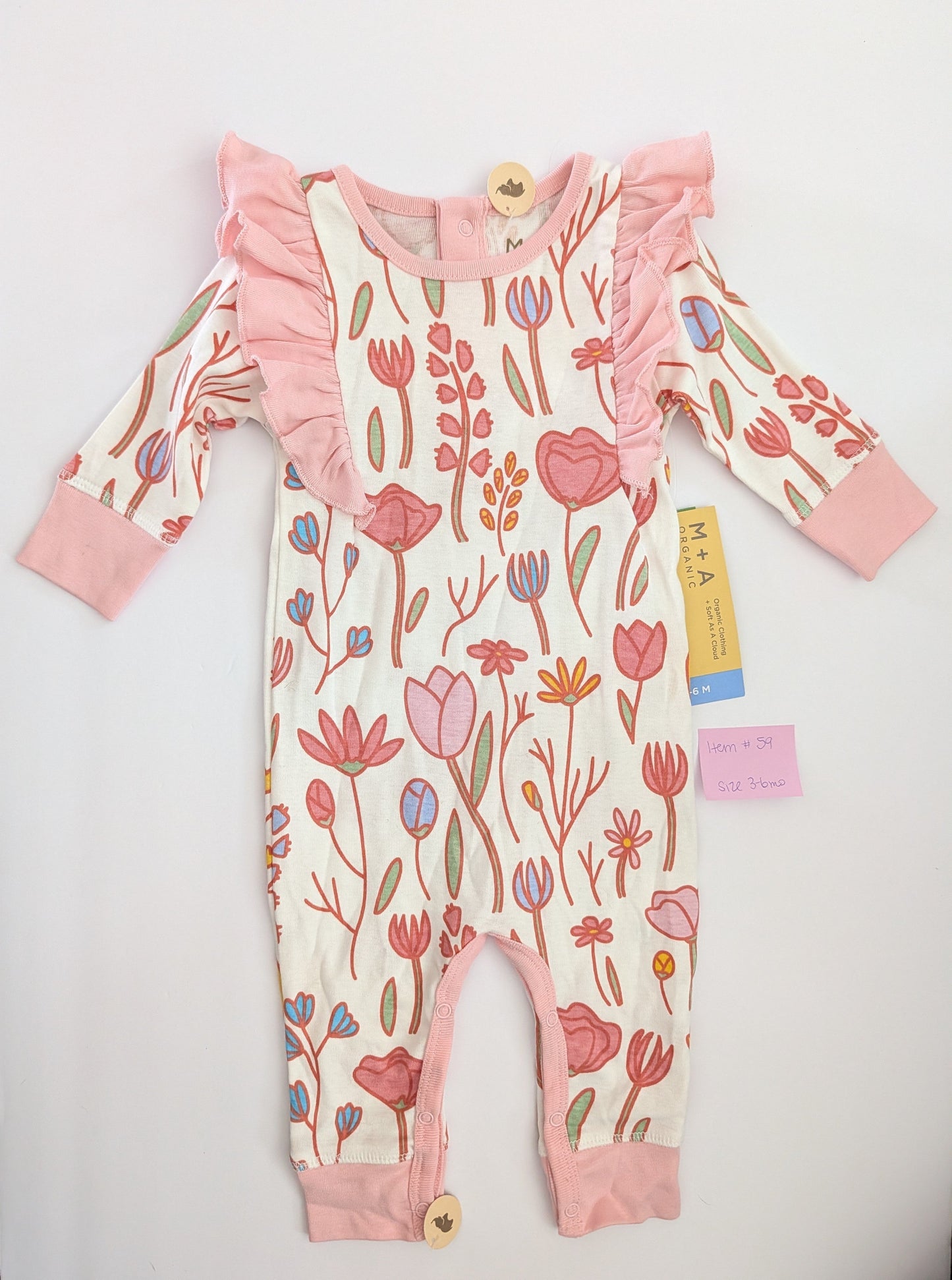 Seller 97, M+A Organic, Floral Onesie, Baby Girl size 3-6mo (item 59)